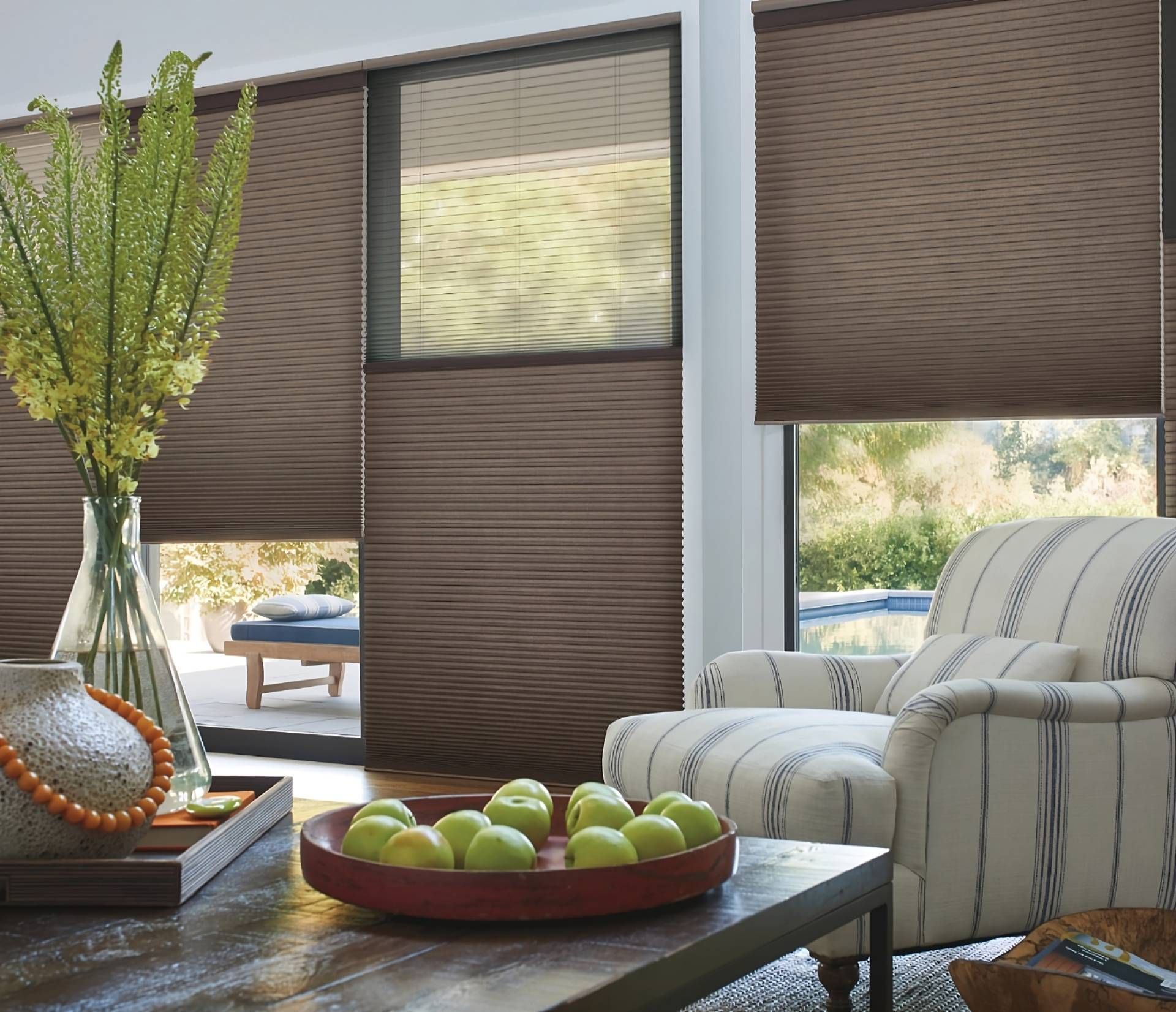 Hunter Douglas Top-Down/Bottom-Up shades in a brown tone on living room windows