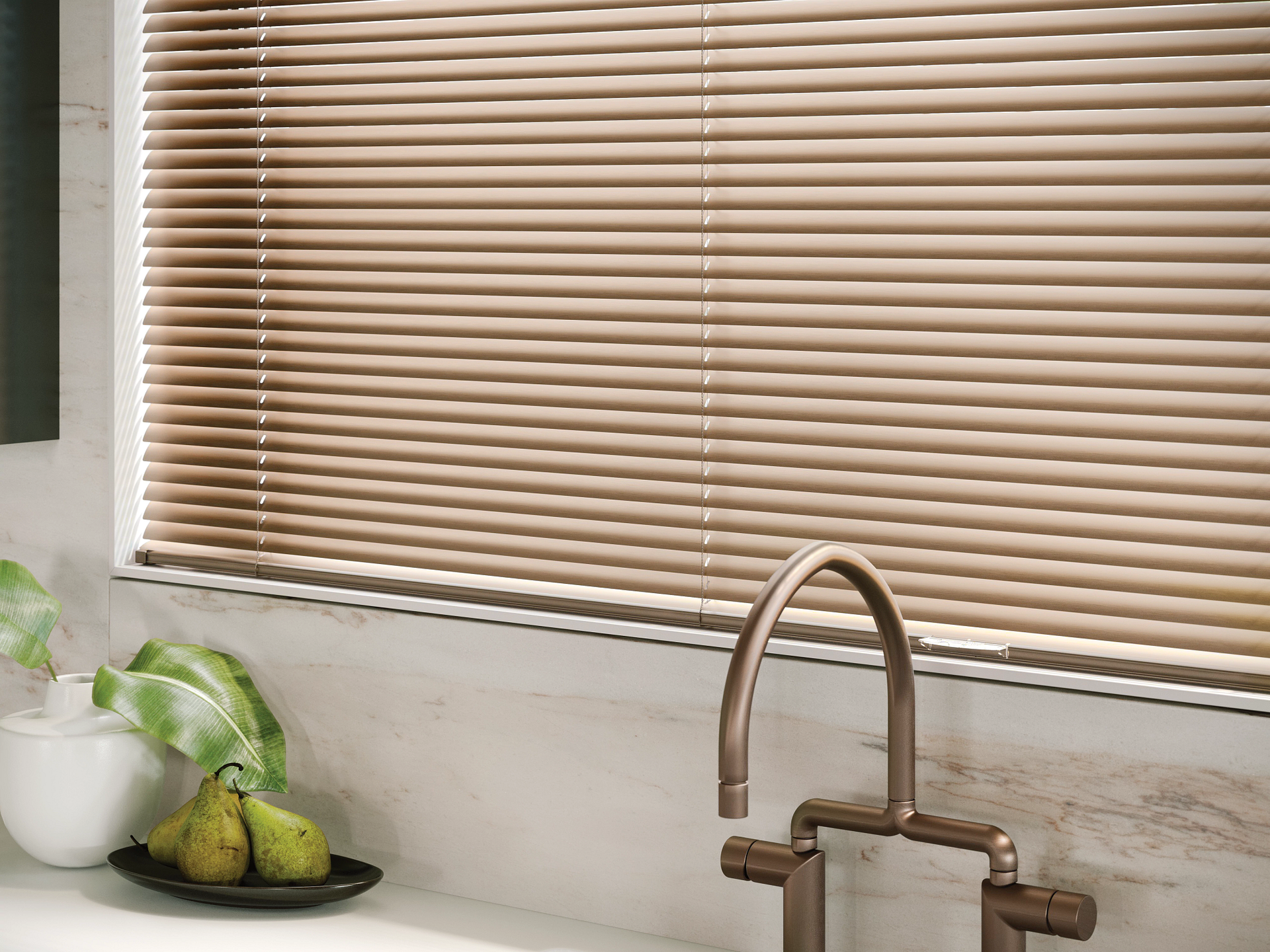 Modern Precious Metals® Mini Blinds in a custom color to fit the antique window blinds aesthetic