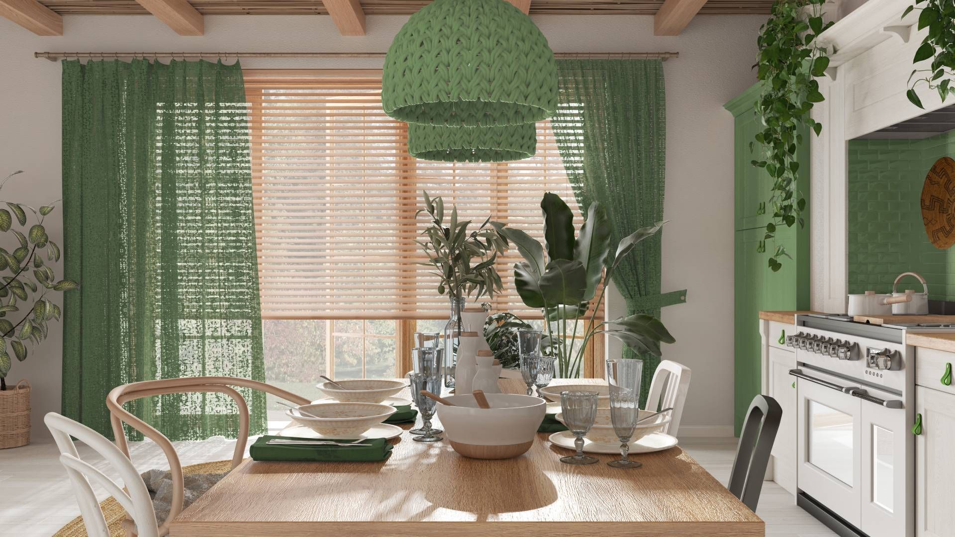 Scandinavian boho interior design with a wood dining table, pendant lamps, and window blinds near Oc