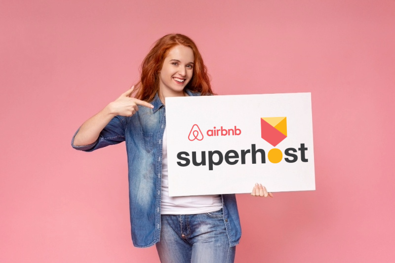 Woman in denim shirt points at