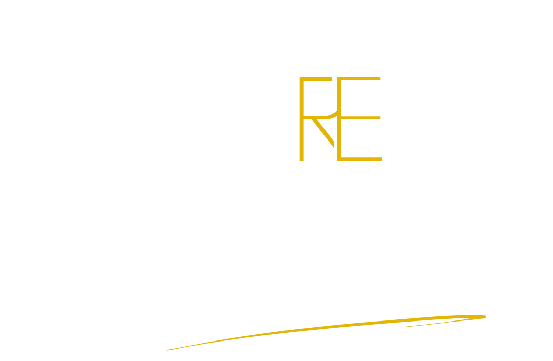 The word re is written in gold on a white background.