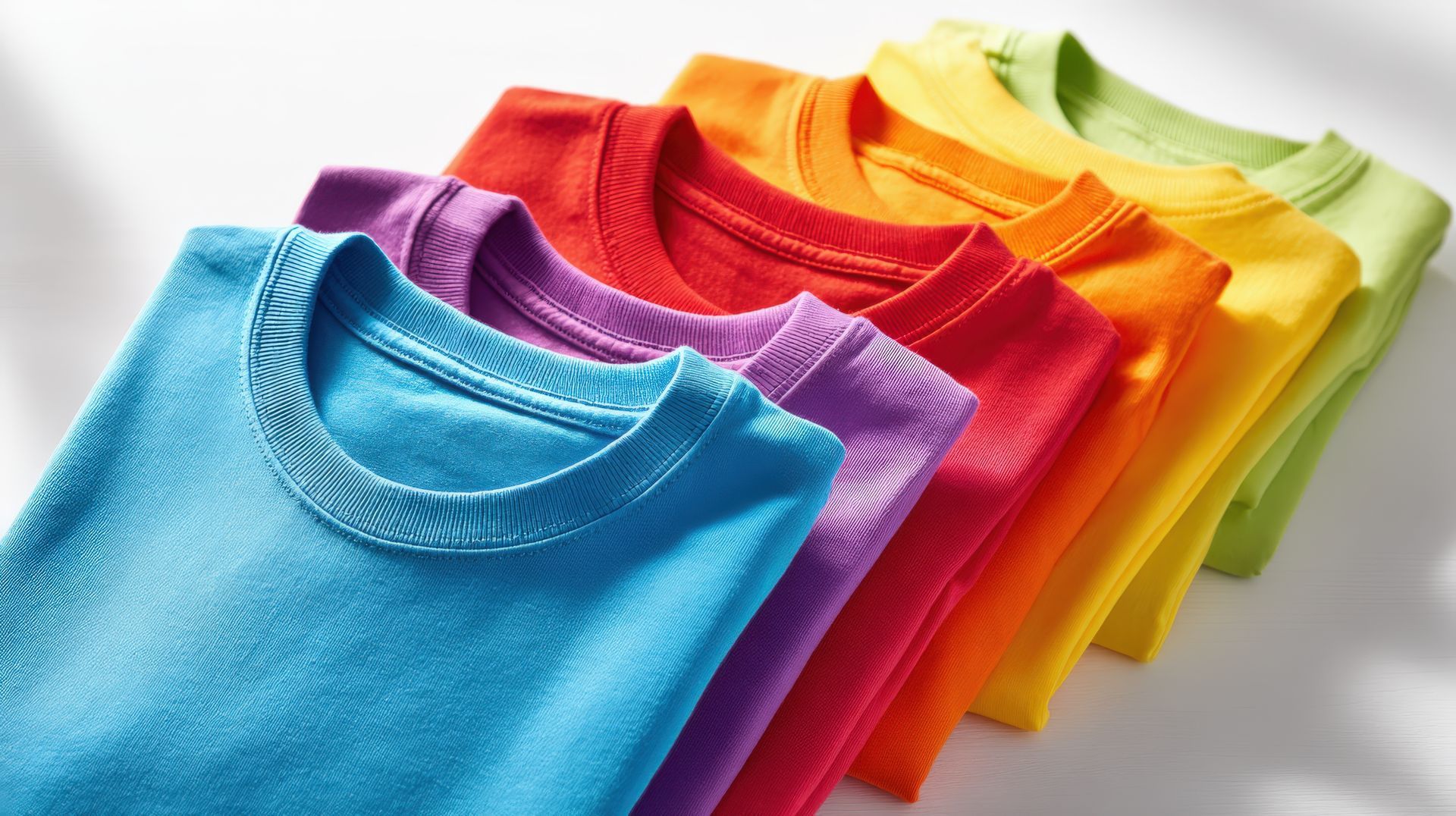 Six brightly colored crew neck t-shirts arranged in a row.