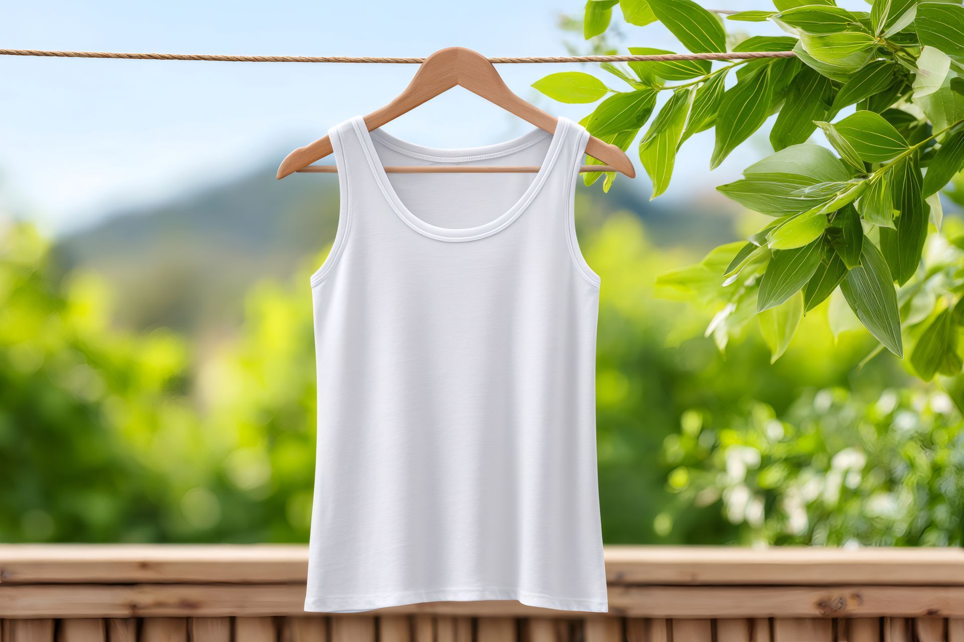 White tank top on wooden hanger, hanging on clothesline outdoors with green foliage in the background.