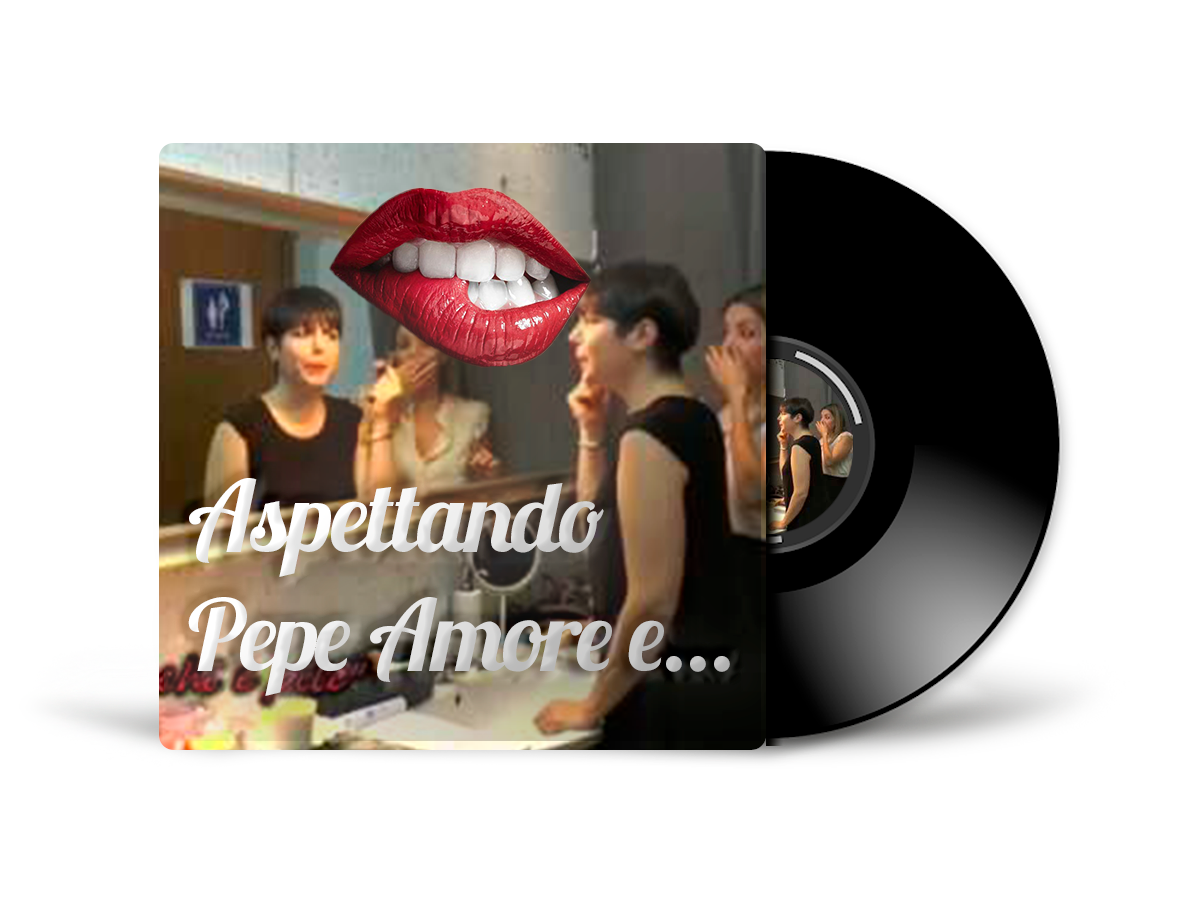 Un disco nero con l'immagine delle labbra di una donna e la scritta "aspettando pepe amore e".