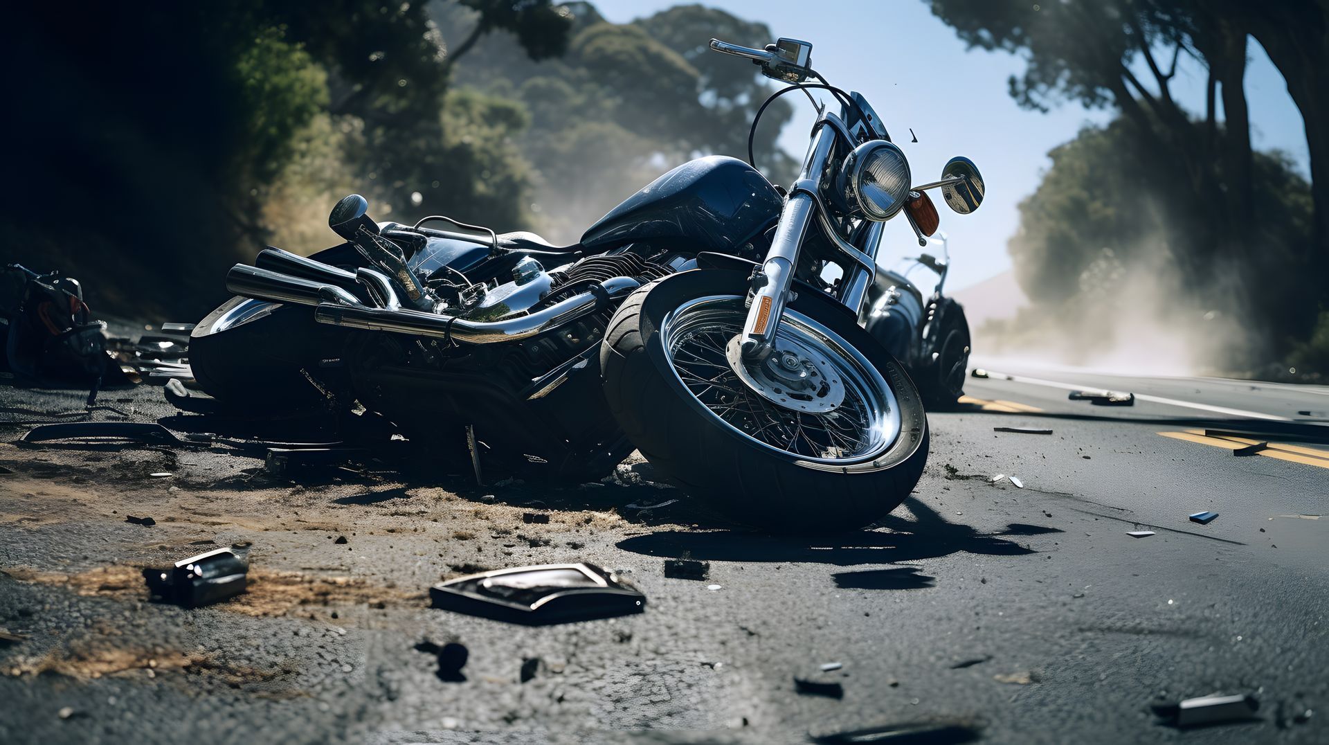 Motorcycle crashed on a road, debris scattered. Sunny day, forest background.