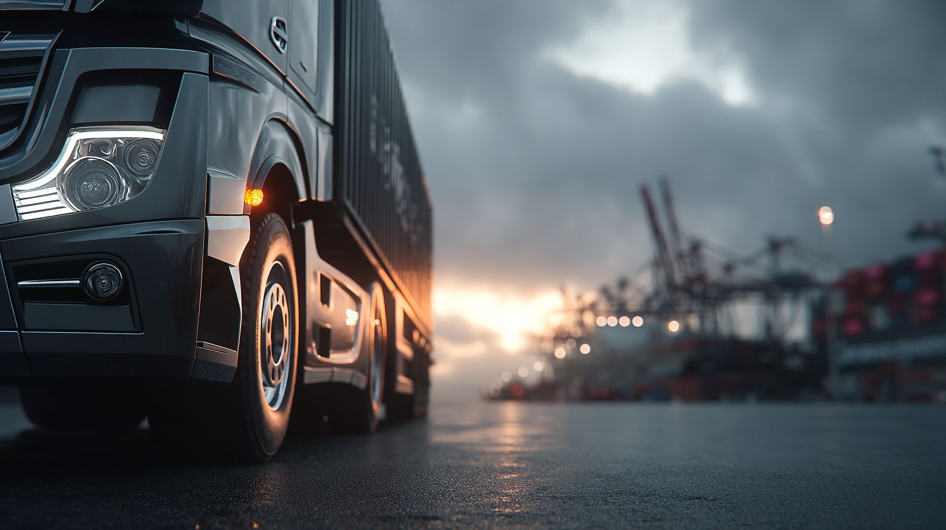 Semi-truck at a dock, illuminated by setting sun.