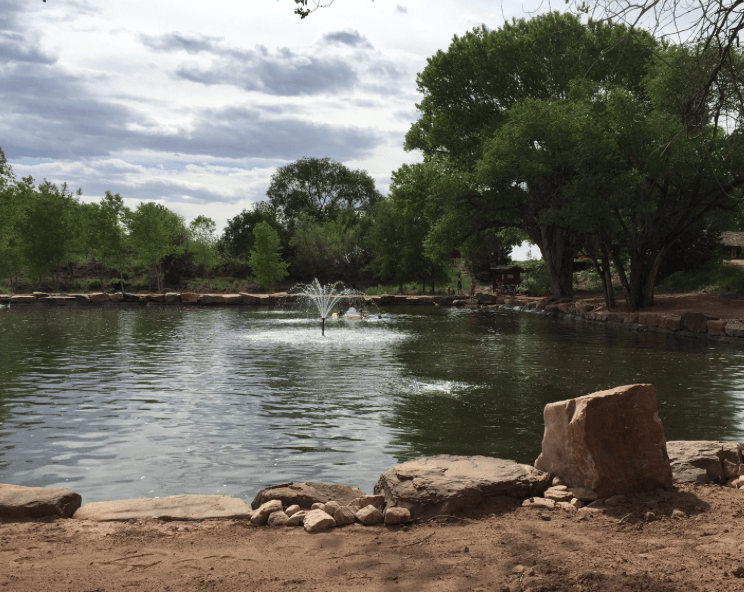 A pond with a fountain in the middle of it