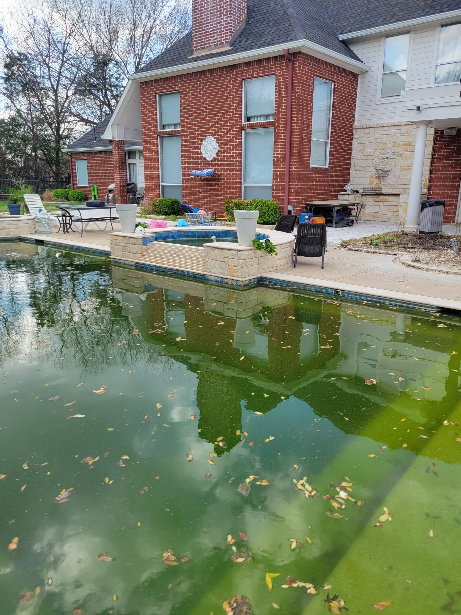 A green, algae-filled swimming pool reflects a brick house with a spa and lounge chairs.