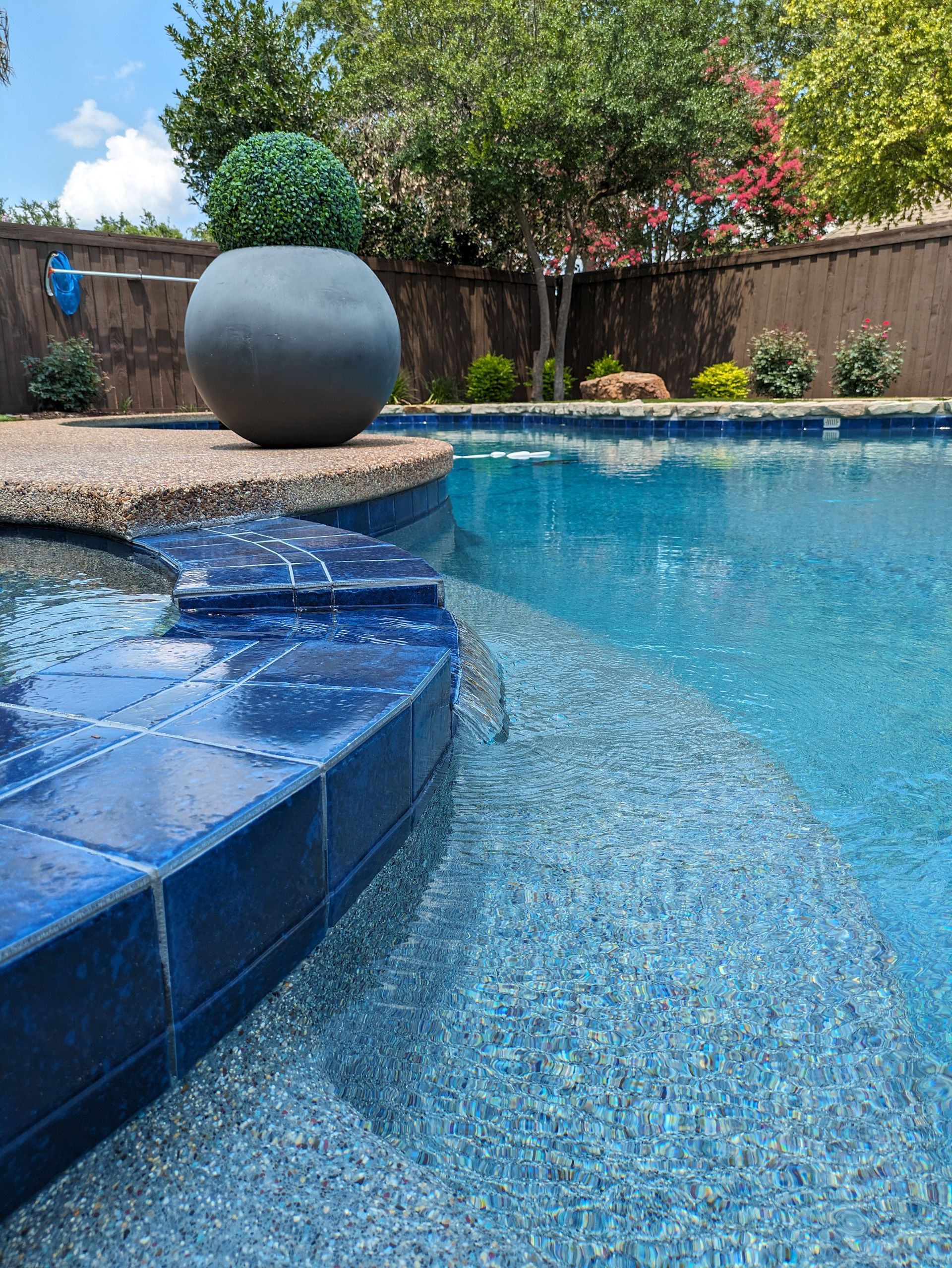 Blue-tiled pool edge with steps, water, and gray pot with green topiary against a sunny backdrop.