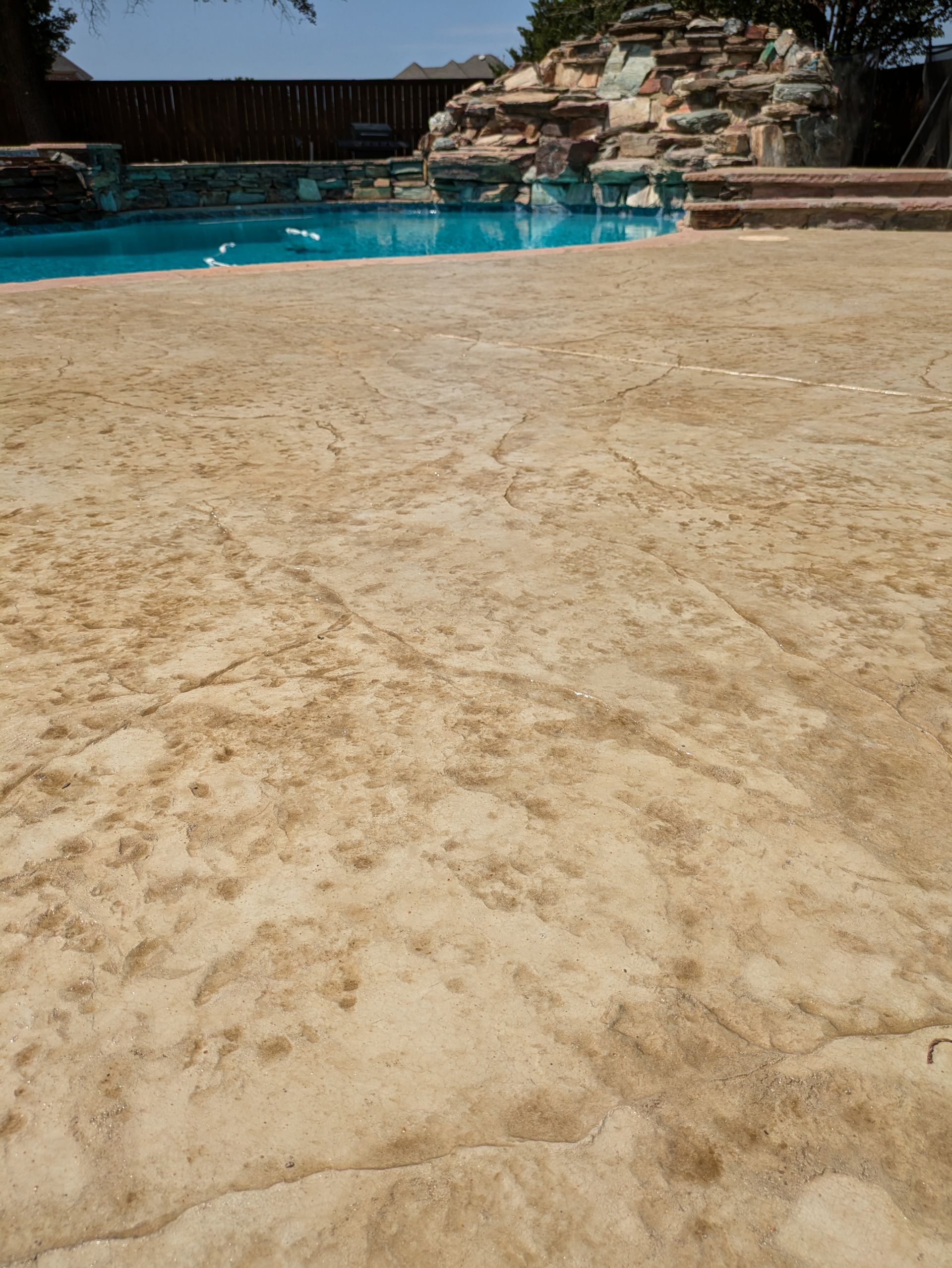 There is a swimming pool in the background and a sandy floor in the foreground.