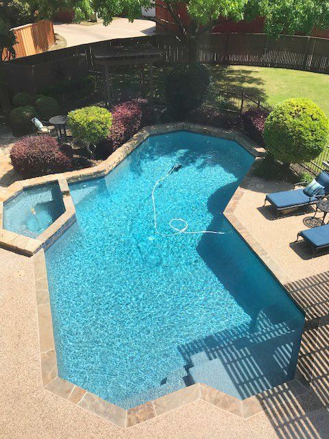 An aerial view of a large swimming pool
