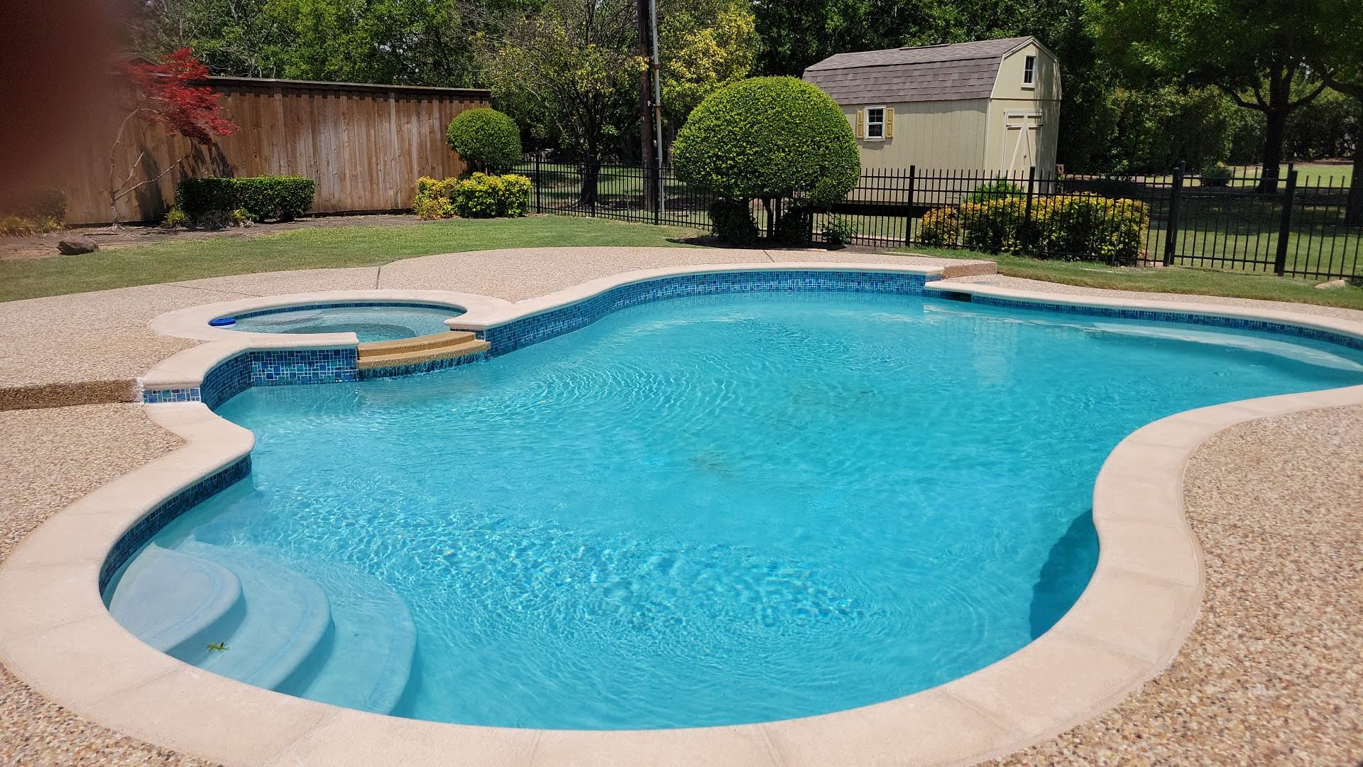 A large swimming pool in a backyard with a house in the background