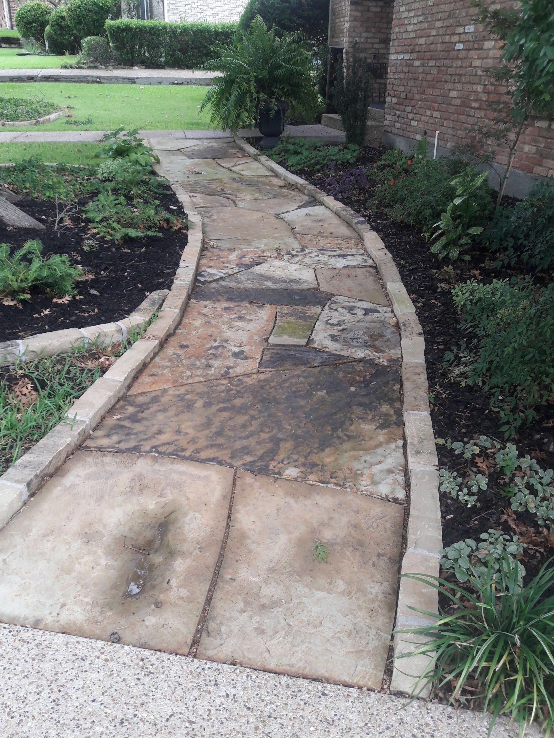 A stone walkway leading to a house in a garden.