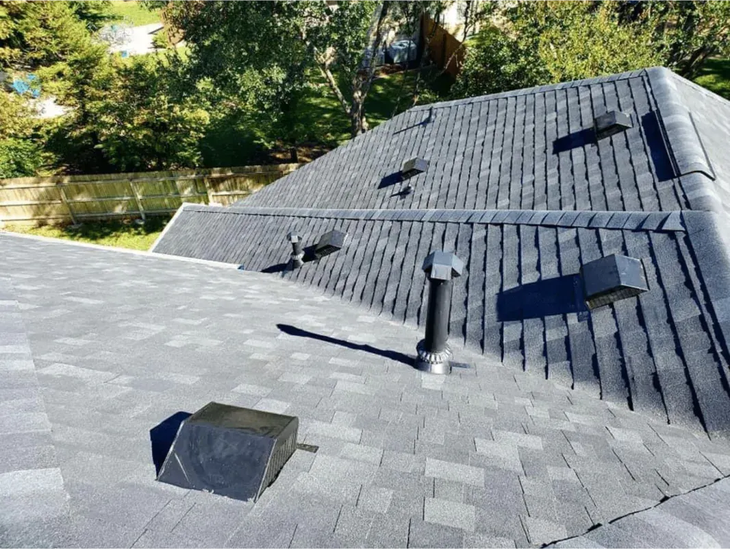 Gray shingled rooftop with vents against a green background of trees and grass.