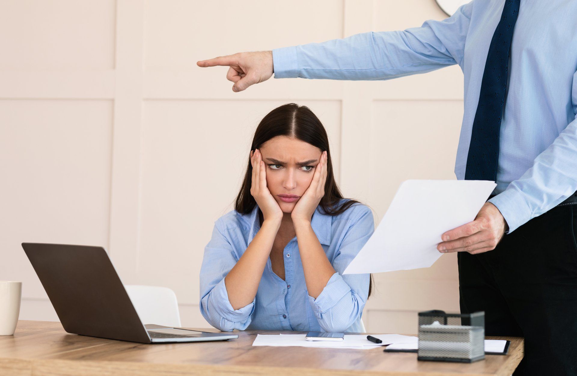 Boss Firing Woman Worker Showing Employment Agreement Labor Contract Sitting In Modern Office