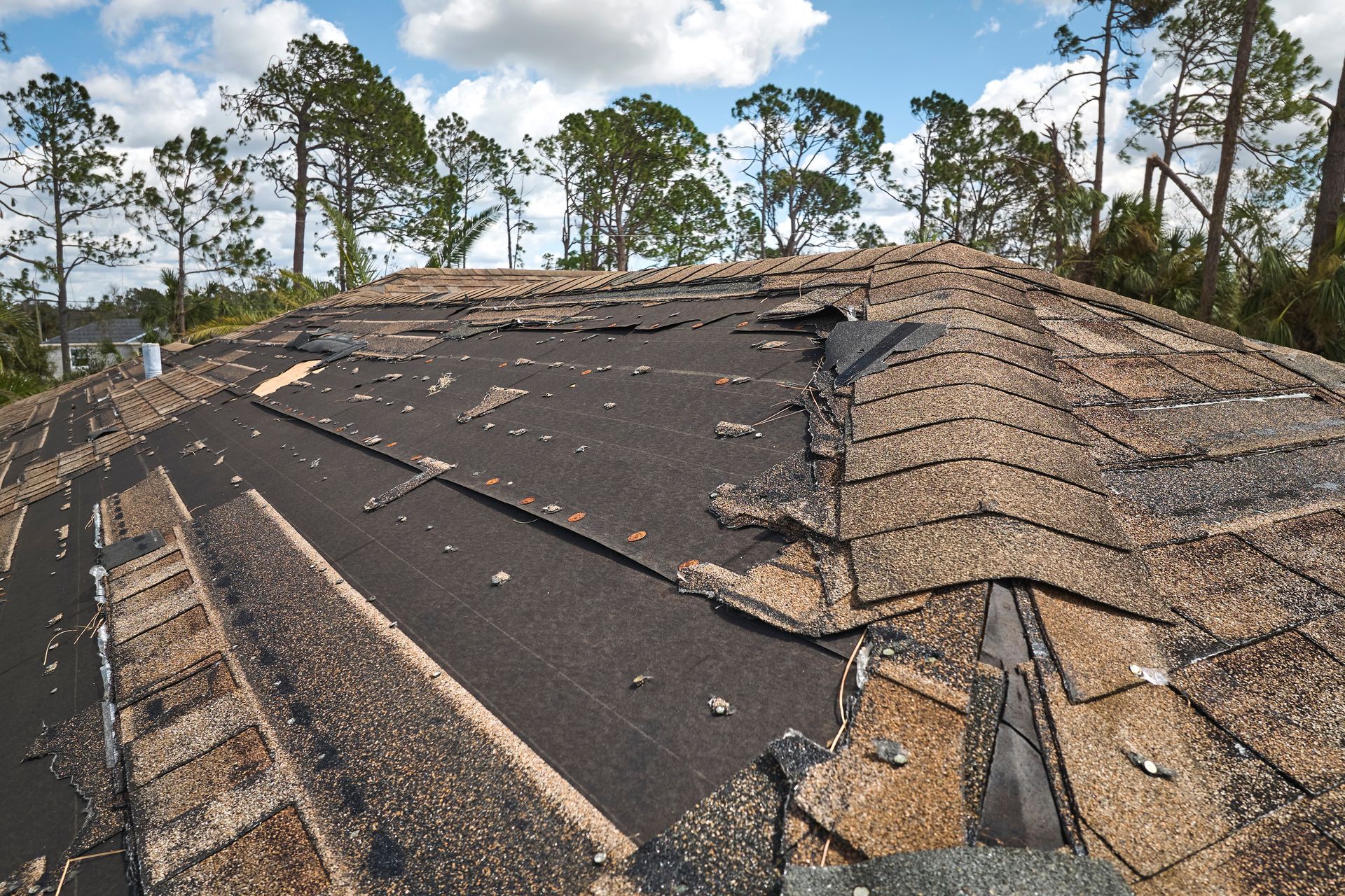 Roof of a house under construction, covered with blue tarp; exposed wooden frame visible.