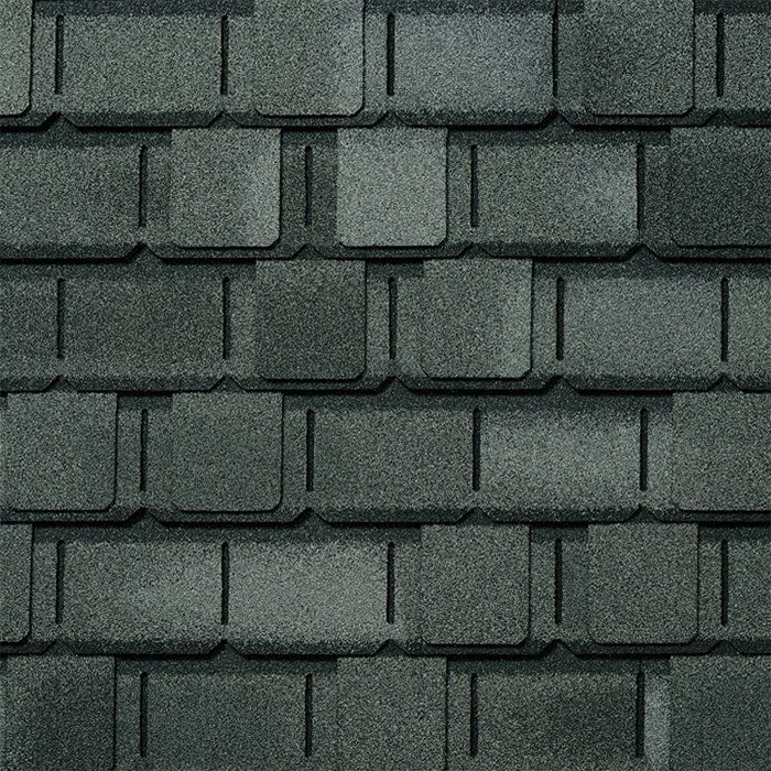 Dark gray asphalt roof shingles.
