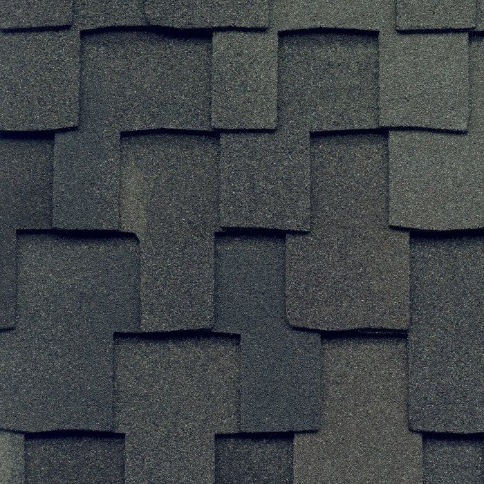 Dark gray asphalt roof shingles.