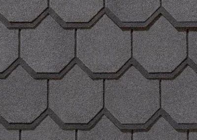 Dark gray, hexagonal asphalt roof shingles.