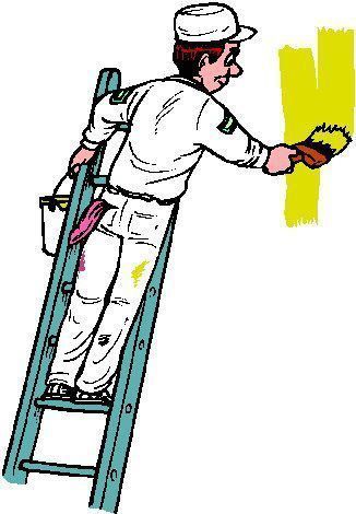 Painter on a ladder applying yellow paint to a wall.