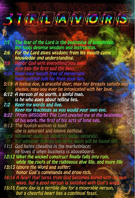 Colorful graphic with Bible verses on various topics, including fear of the Lord, wisdom, and relationships.