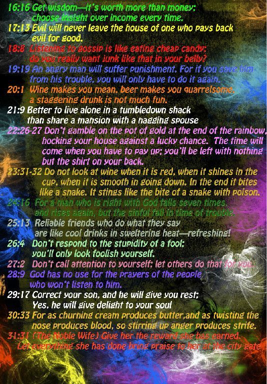 Text over a colorful background with Bible verses and life lessons.