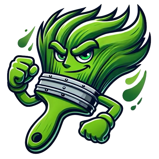 Green cartoon paintbrush with a determined expression, fists clenched.