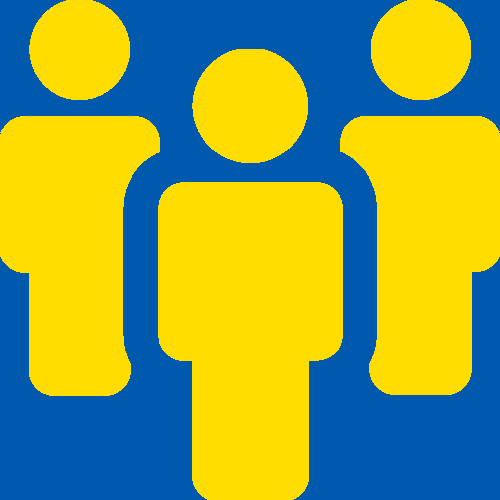 Drei gelbe Figuren auf blauem Hintergrund, die eine Gruppe von Menschen darstellen.