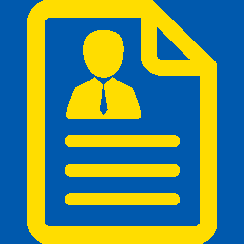 Gelbes Symbol einer Person auf einem Dokument, blauer Hintergrund.