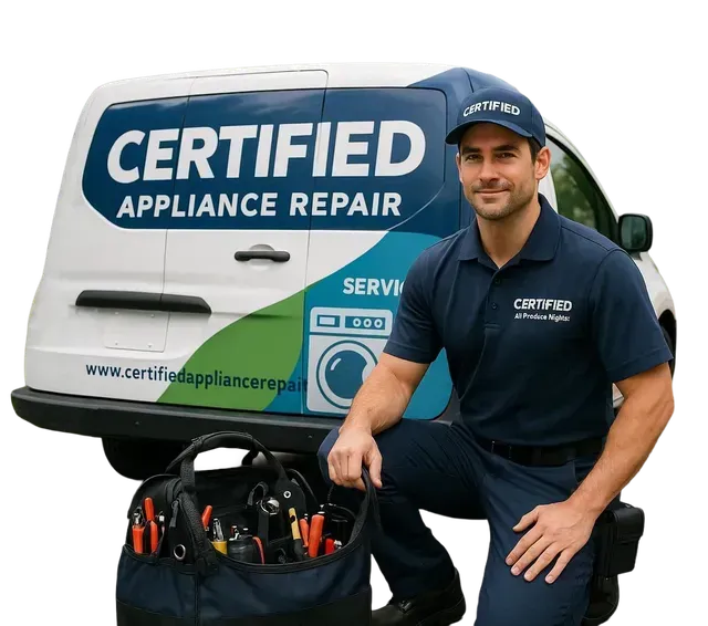 Certified appliance repair technician standing in front of the service van 