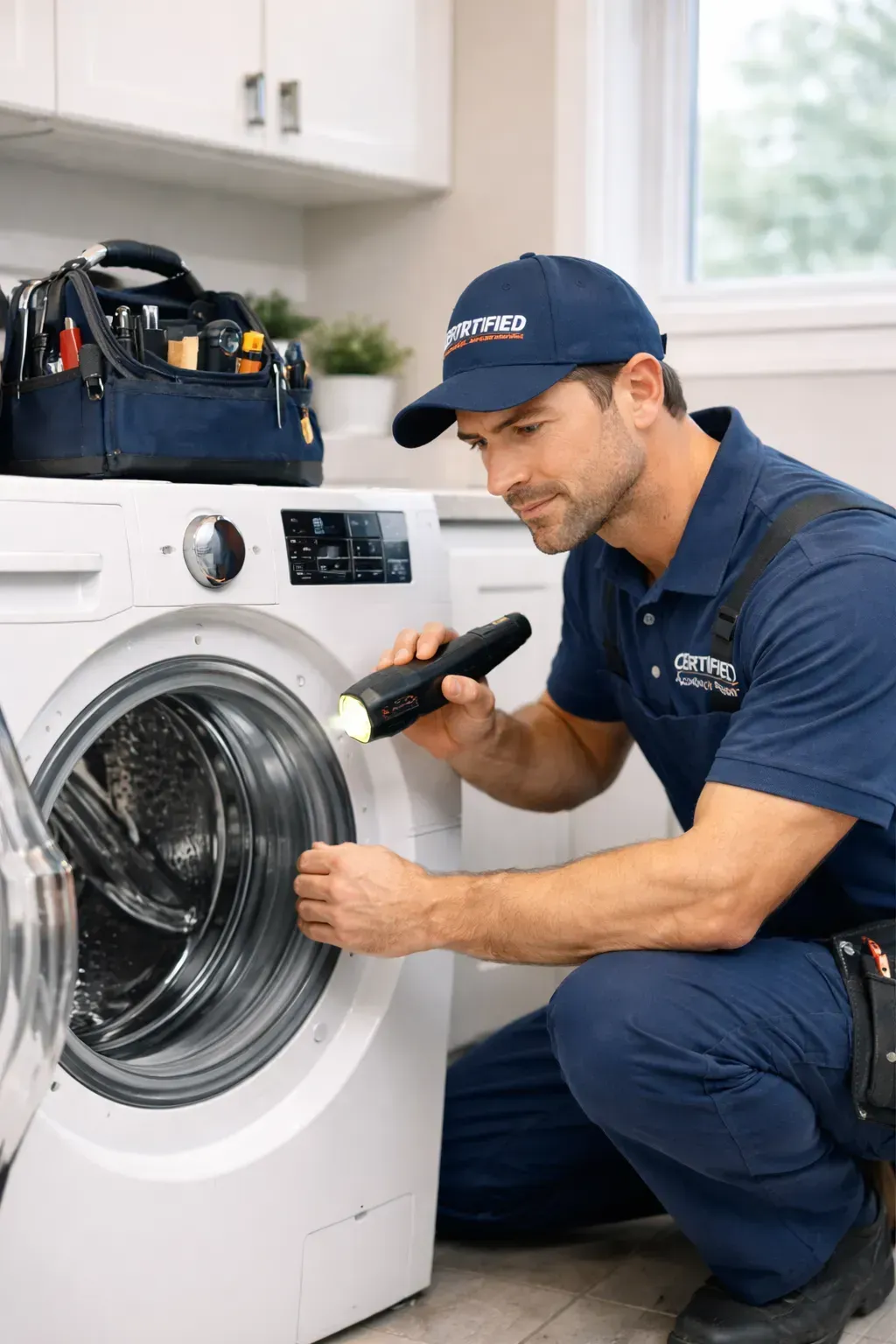 Worker testing the washer
