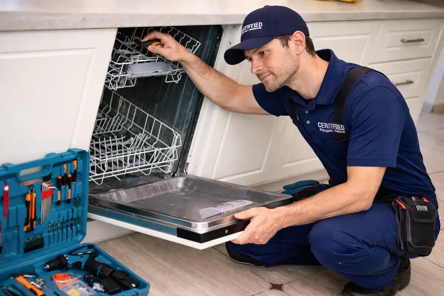 Plumber fixing dishwasher