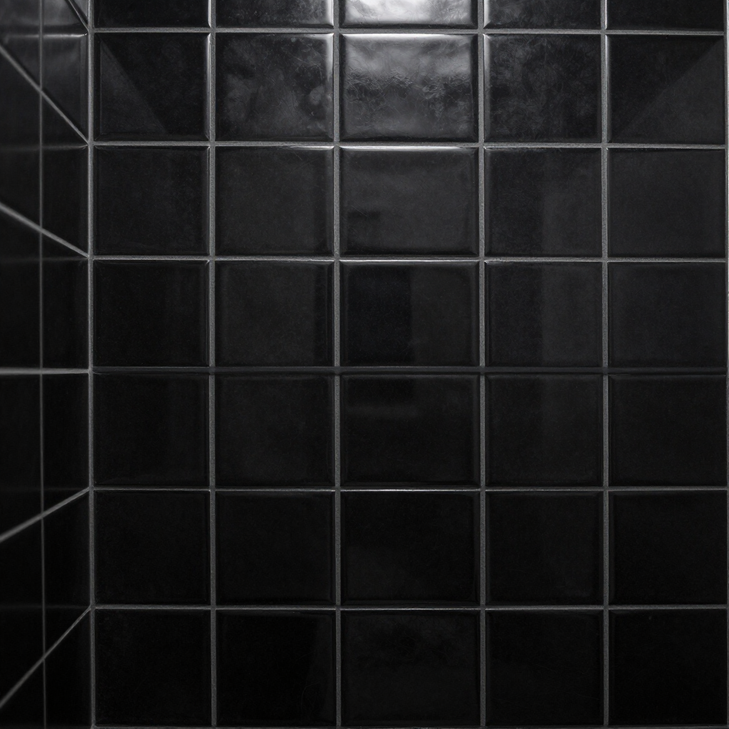 Glossy black tiled wall with grid pattern and reflective highlights