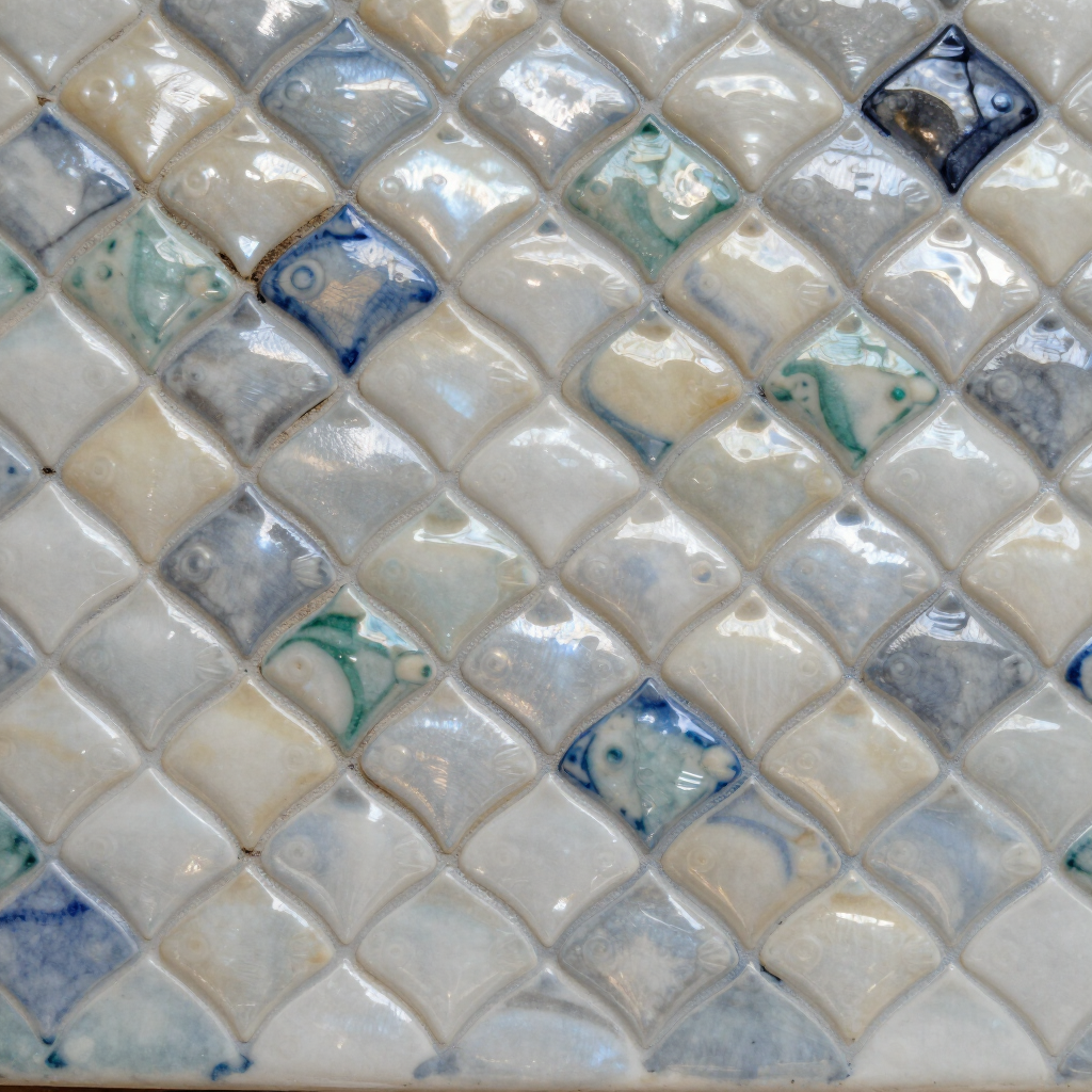 Close-up of glossy white and pale blue diamond-patterned mosaic tiles