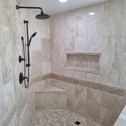 Custom Niche and Bench Seat with Marble Inlay on Walls