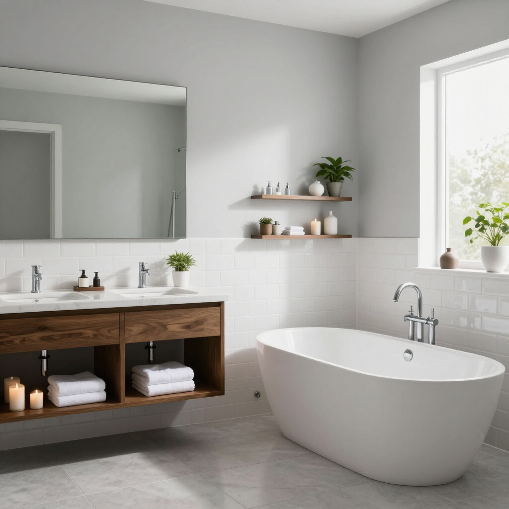 Modern bathroom with freestanding tub, wood vanity, large mirror, and bright window light