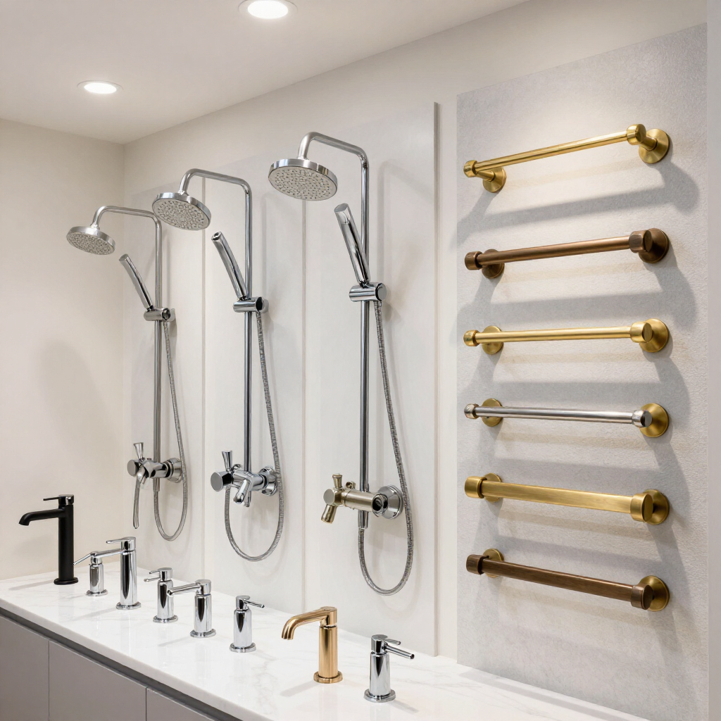 Bathroom display of shower fixtures and faucets in chrome, black, and gold finishes