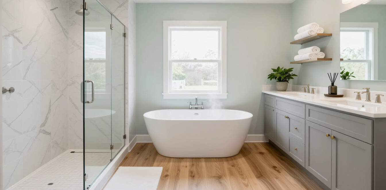 Bright modern bathroom with a freestanding tub, glass shower, gray vanity, and wood floor