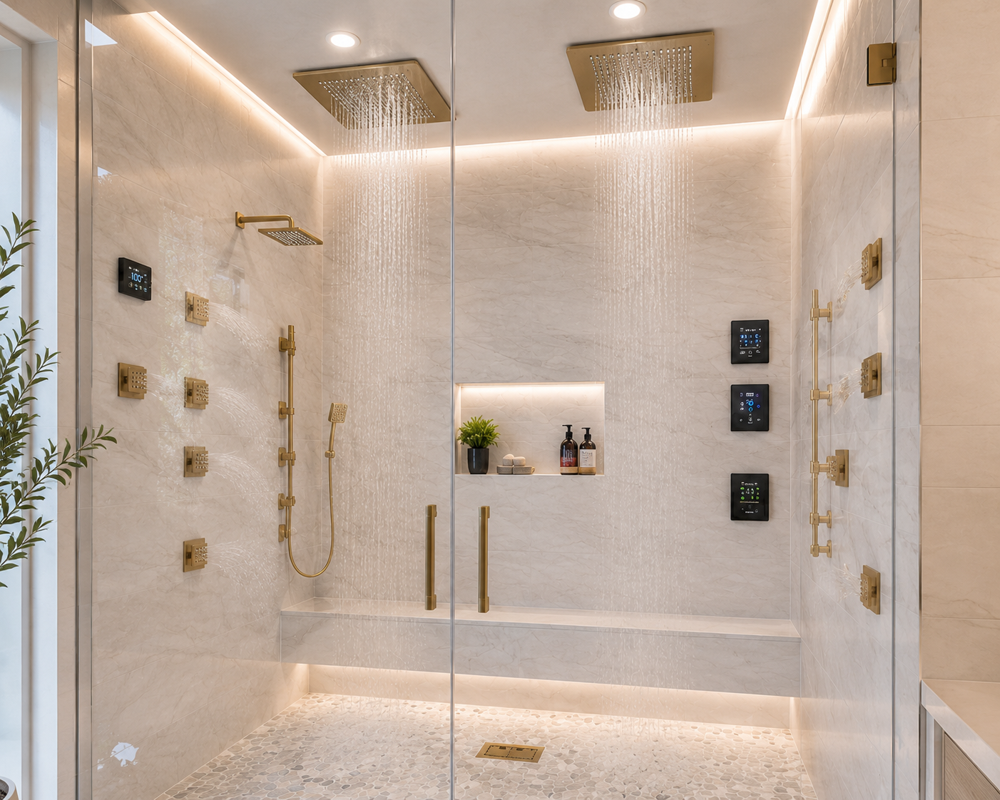Luxurious marble shower with gold fixtures Luxurious marble shower with gold fixtures