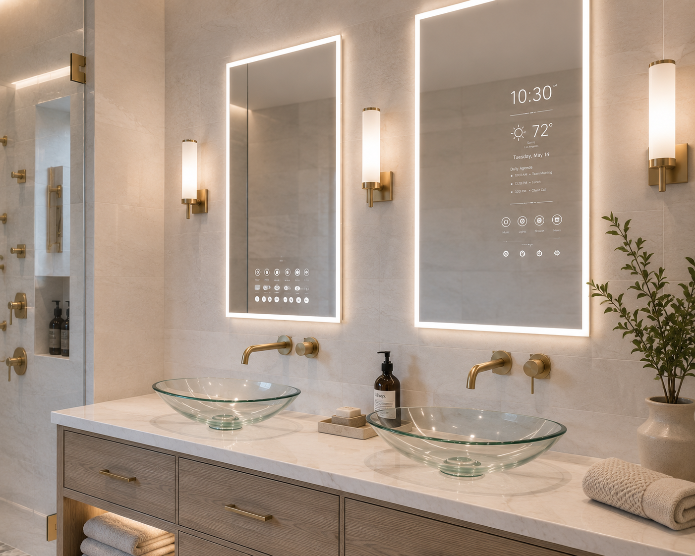 Vanity featuring above counter glass sinks, & Smart mirrors Vanity featuring above counter glass sinks, & Smart mirrors