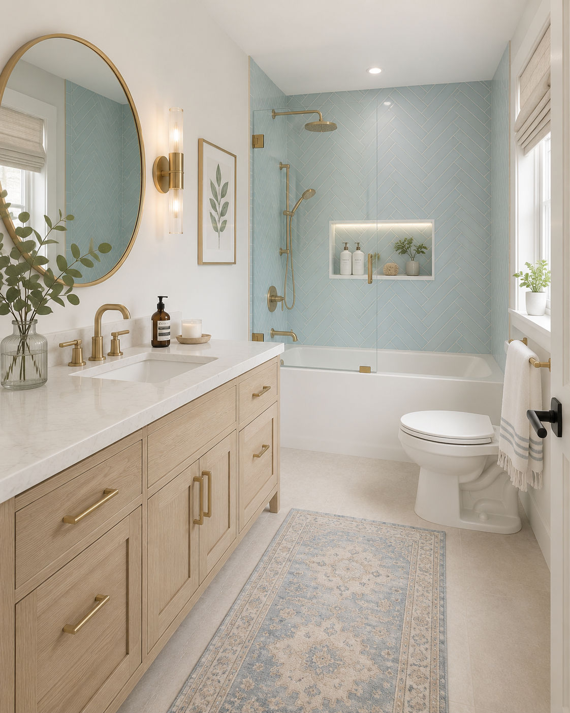 Serene pastel bathroom with brass accents in St. Peters, MO | Just Bathrooms 636