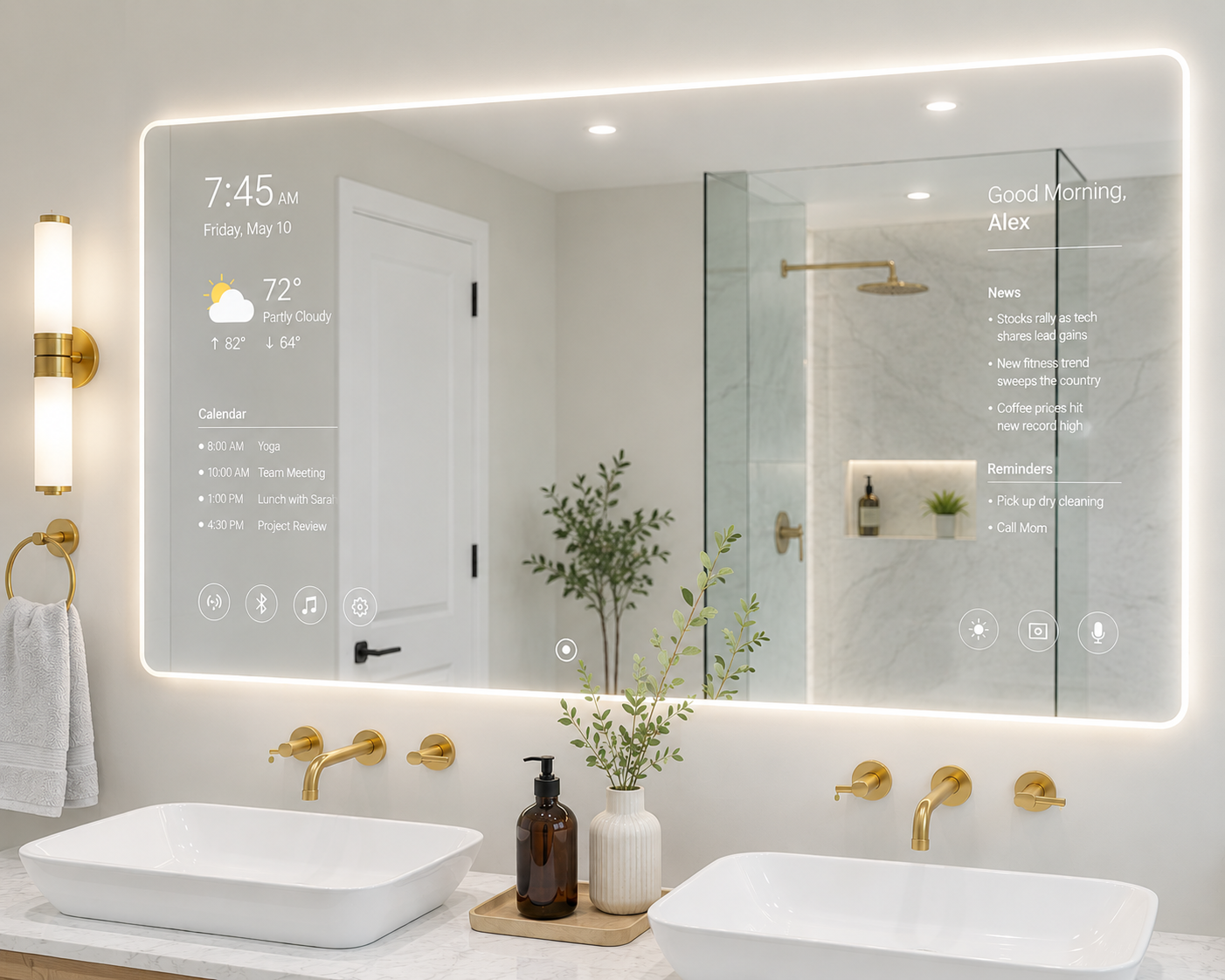 Modern bathroom with lit mirror, double sinks, gold fixtures, and a glass shower.