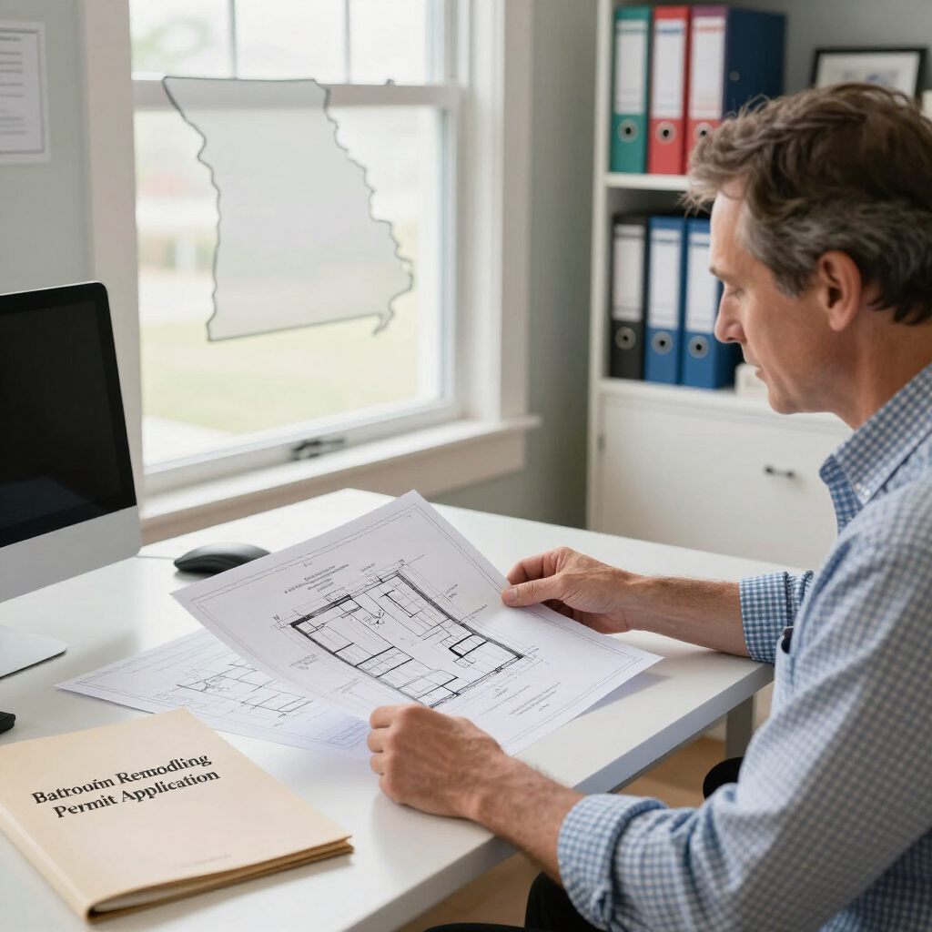 Man reviewing floor plans at a desk in a bright office