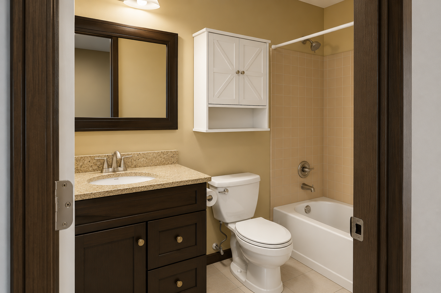 Small beige bathroom with vanity, mirror, toilet, wall cabinet, and bathtub/shower.