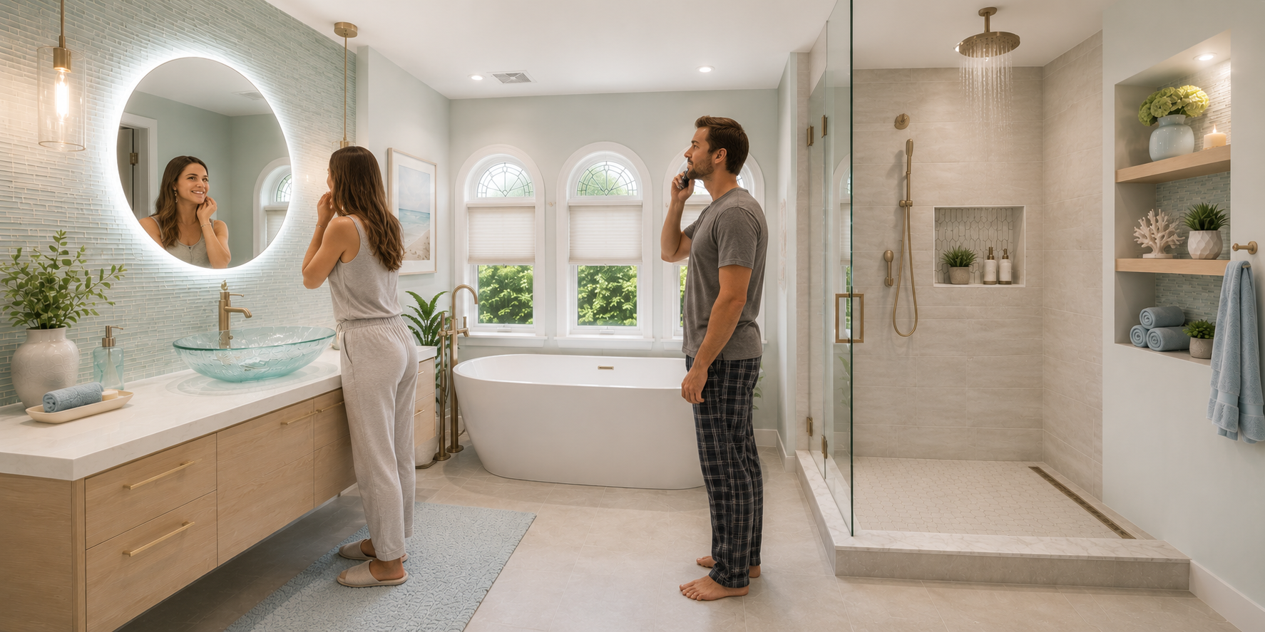 Woman standing in a bright bathroom beside a double vanity and walk-in shower, looking in the mirror