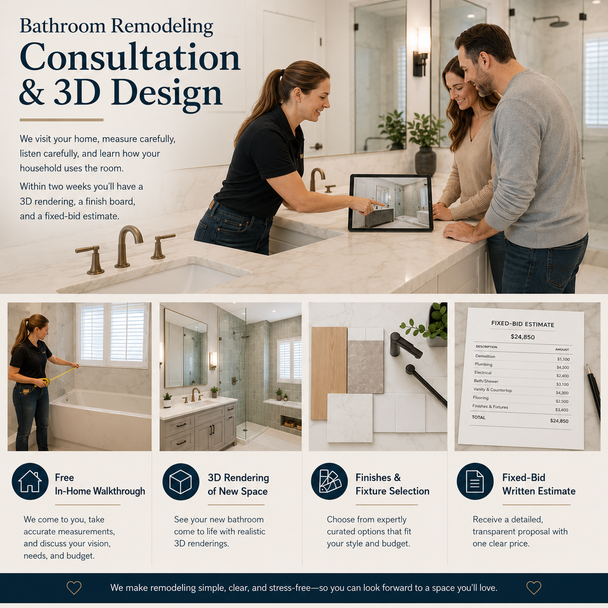 Bathroom remodeling consultation and 3D design ad showing designers with clients, vanity, shower, and layout plans