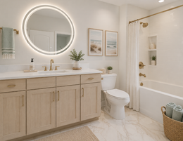 Bright modern bathroom with wood vanity, round lit mirror, toilet, shower curtain, and woven hamper