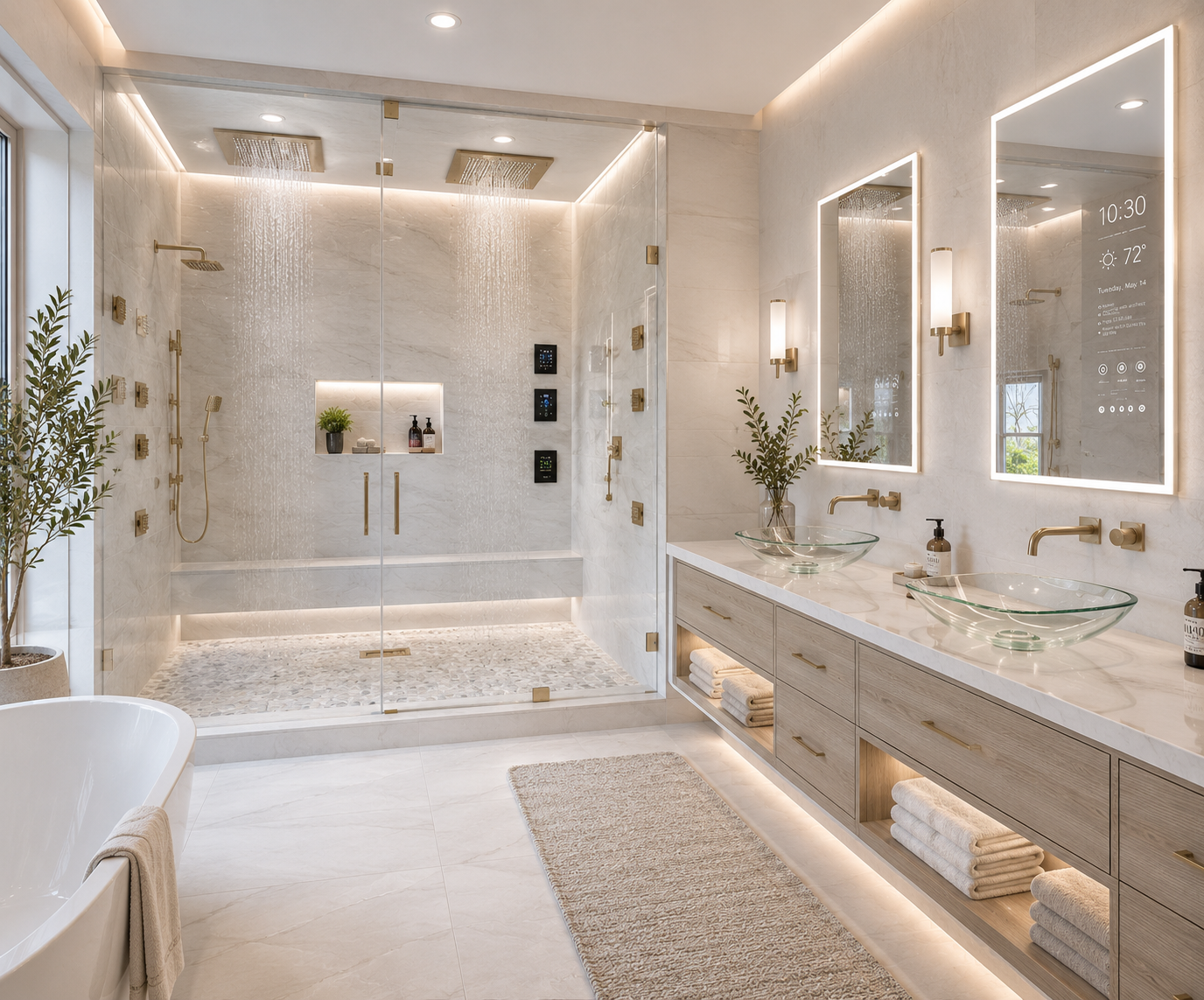 Modern luxury bathroom with a glass shower, double vanity, and soft beige lighting