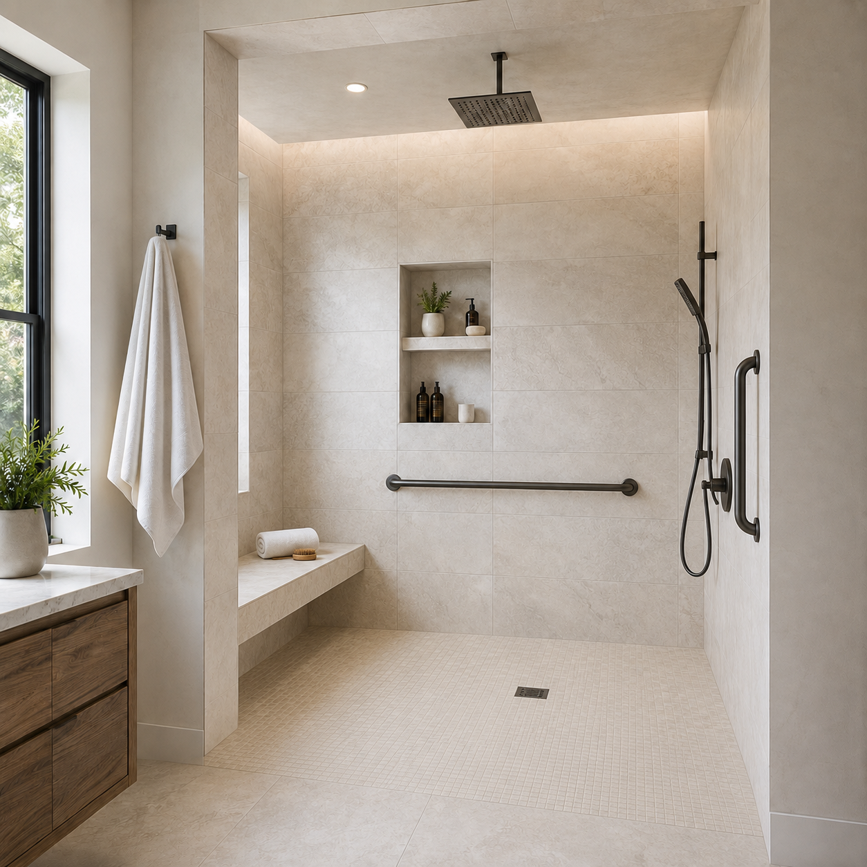 walk in shower for aging in place, without doors, Just Bathrooms 636| O'Fallon MO walk in shower for aging in place, no doors, just bathrooms 636 St louis mo