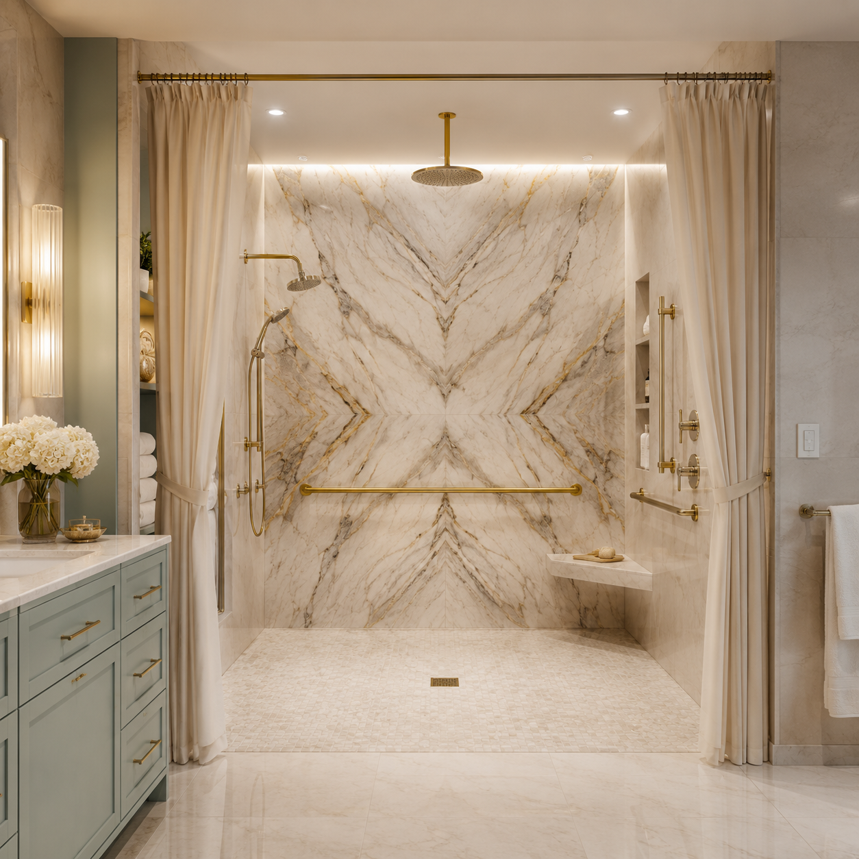 walk in shower with curtains and book matched marble |Just Bathrooms 636 | O'Fallon MO walk in shower with curtains and book matched marble |Just Bathrooms 636 | O'Fallon MO